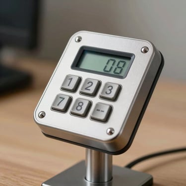 Close-up of a high-end digital access keypad mounted on a brushed steel gooseneck pedestal, sharp focus