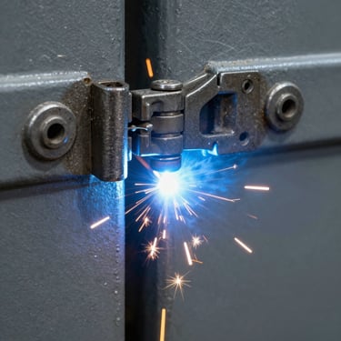 Close-up macro shot of a brilliant blue welding arc joining heavy-gauge steel gate hinges, sparks flying