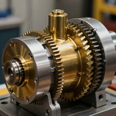 Macro shot of a clean, complex brass and steel gate operator gearbox with precision gears visible