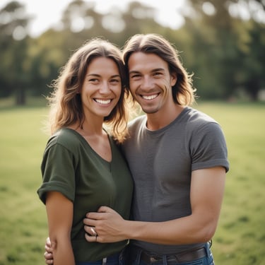 A happy diverse couple laughing together outdoors on a sunny day.