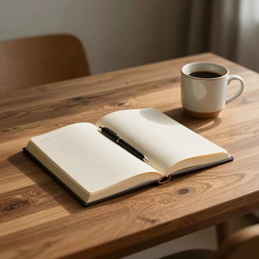 Encuadre cenital de un escritorio minimalista de madera con una libreta abierta, pluma estilográfica, taza de café de cerámica y luz natural suave de mañana