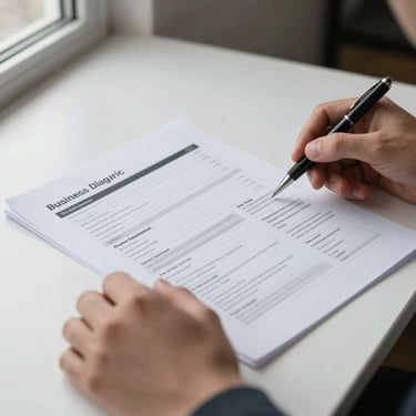 Close-up of hands reviewing a printed business diagnostic report on a clean white desk, a pen resting beside the document, natural window light from the left, no faces visible, sharp document texture