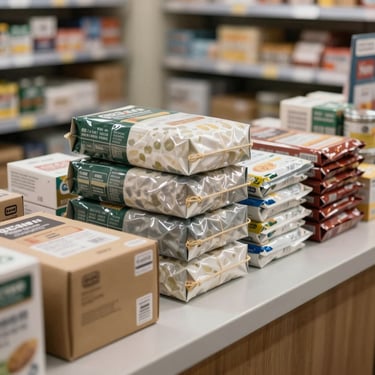 A selection of neatly packaged general merchandise and retail goods stacked on a clean distribution counter.