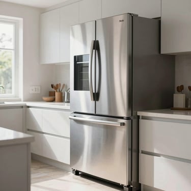 Clean, modern kitchen interior featuring high-end stainless steel home appliances, bright daylight.