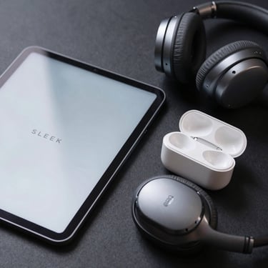 Sleek modern consumer electronics, including a smart tablet and wireless headphones, arranged neatly on a dark surface.