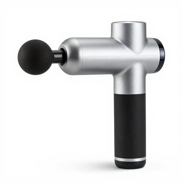 Modern deep tissue massage gun on a neutral background, professional recovery tool, high-key studio light