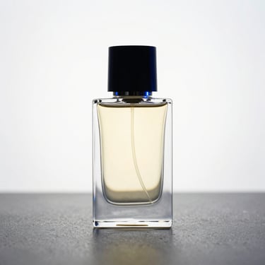 A luxury perfume bottle with a magnetic cap, standing on a dark reflective surface, dramatic blue and yellow backlighting, high contrast, sharp focus