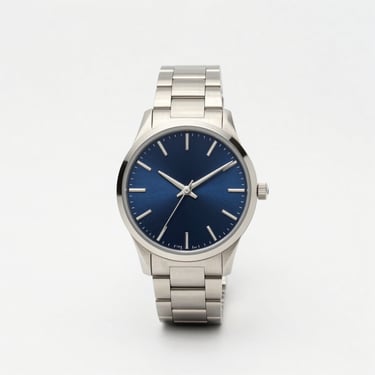 Minimalist silver watch with blue dial, crisp studio light, sharp focus, modern retail aesthetic