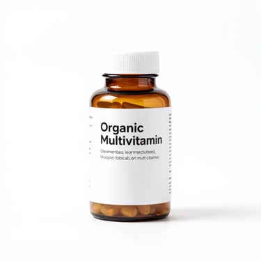 Amber glass bottle of organic multivitamin capsules, clean white background, sharp focus