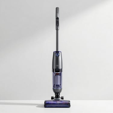 Sleek cordless stick vacuum cleaner standing against a neutral wall, bright high-key studio lighting
