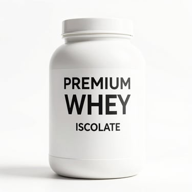 Premium whey protein isolate tub, clean minimalist packaging, white studio background