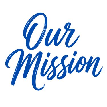 Handwritten blue brush script text reading “Our Mission” in a stacked two-line layout on a clean white background.