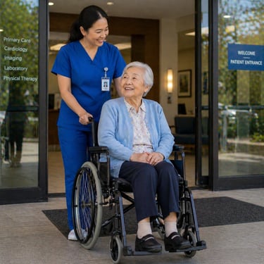 Caregiver in blue scrubs pushing senior in wheelchair into medical building, assisting with appointments and transportation