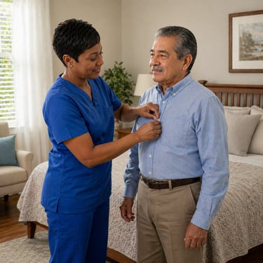 Caregiver assisting senior with buttoning shirt, providing dignified support with dressing and daily personal care