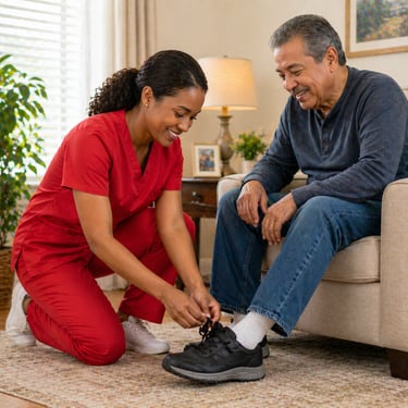 Caregiver in red scrubs helping a senior man put on his shoes in a bright, comfortable living room