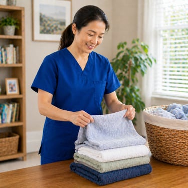 Caregiver folding laundry