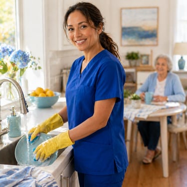 Caregiver in blue scrubs smiling while washing dishes in a bright home kitchen, with a senior woman seated in the background.