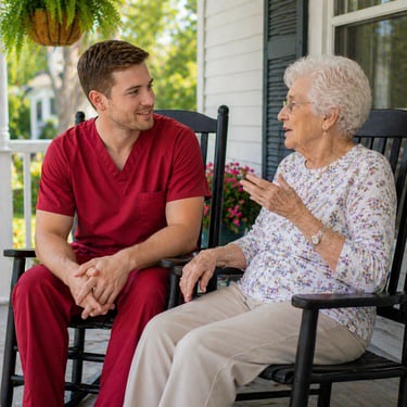 Caregiver in red scrubs sitting with senior on porch, listening attentively and providing companionship and conversation