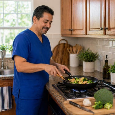 Caregiver cooking chicken and broccoli at stove, preparing a healthy meal and supporting daily nutrition and routine