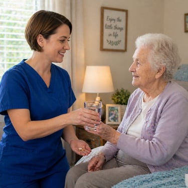 Caregiver in blue scrubs giving senior water with medication, providing reminders and support for safe medication management