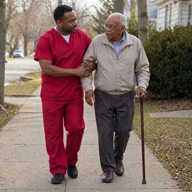 Caregiver in red scrubs supporting senior while walking outdoors, providing safe mobility assistance and guidance