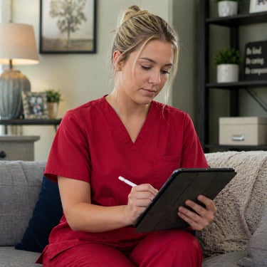 Caregiver in red scrubs using tablet to document client updates, tracking care and reporting changes in condition