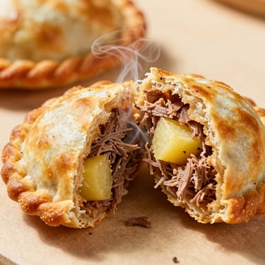 Macro shot of a broken-open beef empanada, steaming shredded beef and yellow potato filling visible, warm side lighting.