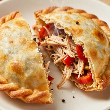 Macro shot of a broken-open chicken empanada, steaming shredded chicken, red bell peppers, and traditional spices.