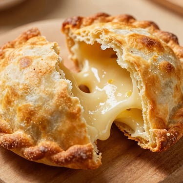 Macro shot of a broken-open cheese empanada, melted local farm cheese pulling apart, crispy golden crust.