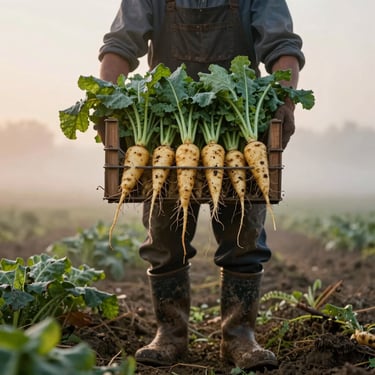 A farmer in muddy boots holds a crate of freshly harvested organic root vegetables at sunrise, soft morning mist.