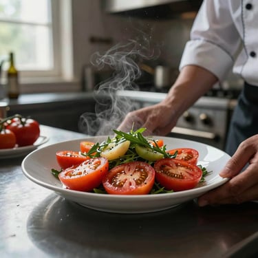A chef plates a vibrant heirloom tomato salad in a dimly lit, active kitchen, steam rising slightly, natural window light.