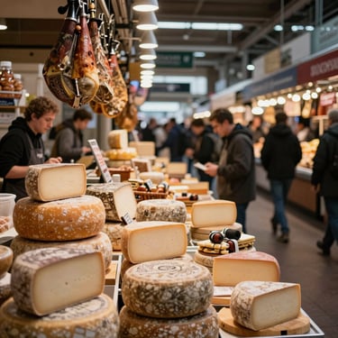 A bustling modern food market hall with artisanal cheese wheels and cured meats displayed under warm, soft lighting.