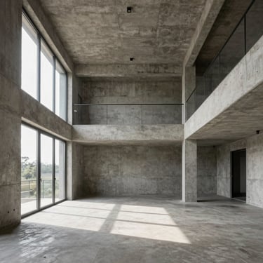 Straight-on architectural elevation of a concrete residential loft apartment interior, un-staged room volume, natural daylight