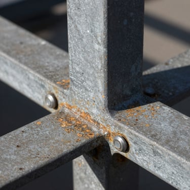Extreme close-up of weathered steel structural joint, stark lighting