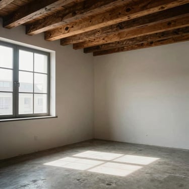 Honest interior corner of an architectural apartment, raw timber ceiling beams, concrete floor, natural light streaming from a side window.