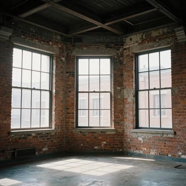 Un-staged creative studio volume, exposed brick wall, steel-framed windows, high ceiling, natural high-contrast daylight.