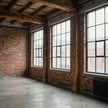 Interior of a creative commercial studio with exposed brick walls, original timber columns, and large steel-frame windows