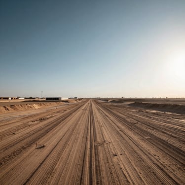 Wide-angle straight-on shot of a raw desert development lot, low horizon, expansive sky, natural afternoon sun