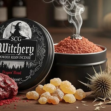 a tin of SCG Witchery's Dragon Blood powdered resin incense