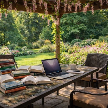 Quiet workspace on outside patio in garden