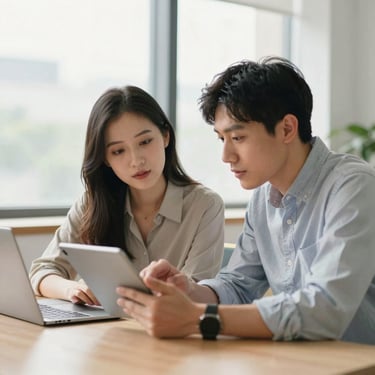 Candid shot of two colleagues discussing work over a tablet, bright natural office window light, warm clean tones, shallow depth of field, 35mm.