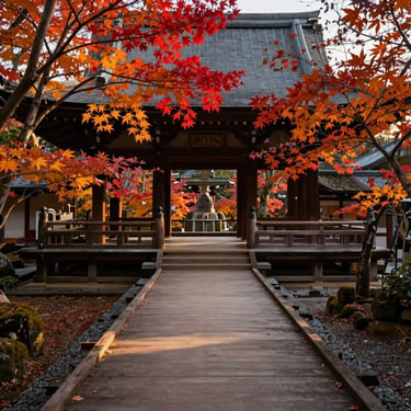 A serene wooden temple path in Kyoto surrounded by autumn maple leaves, soft morning light filtering through trees, cinematic composition
