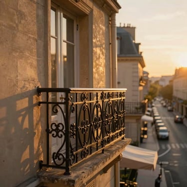 Close-up of a classic wrought-iron balcony overlooking a quiet Parisian street at sunrise, warm golden light, editorial travel photography