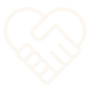 White line icon of two hands shaking to form a heart shape on a black background.
