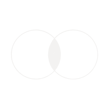 A minimalist black and white Venn diagram showing two overlapping circles on a black background.