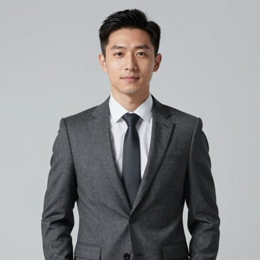 Professional portrait of a male fashion executive in a sharp #4A5568 charcoal suit, minimalist background, studio lighting.