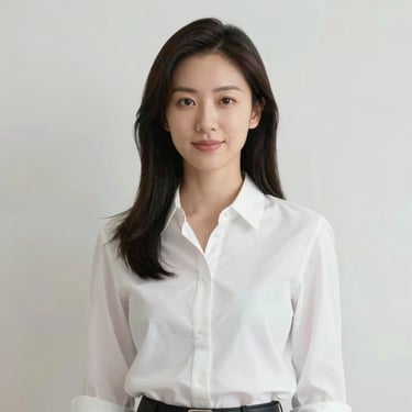 Professional portrait of a female creative director wearing a minimalist white #F7FAFC blouse, soft natural lighting, high-end aesthetic.