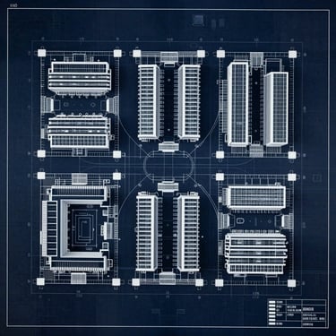 Top-down high-contrast CAD floorplan drawing of a high-density corporate office layout, clean white lines on dark navy blueprint background.