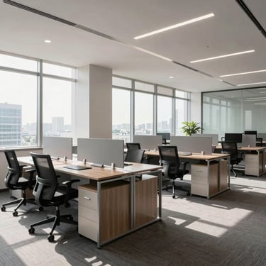 Wide-angle environmental shot of a modern Hyderabad corporate office floor, bright clean daylight streaming through large windows, row of modular workstations with ergonomic chairs, brushed steel and double-stitched mesh details.