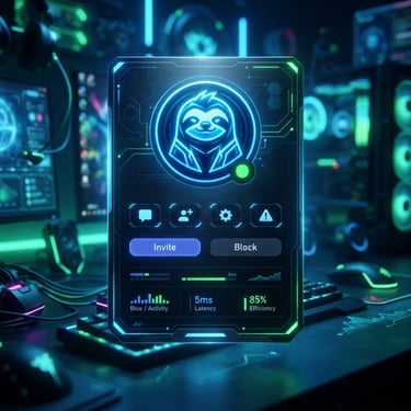 A sleek custom Discord bot profile card interface, neon blue glowing avatar with a stylized sloth mascot, green active status indicator, high-tech dark background